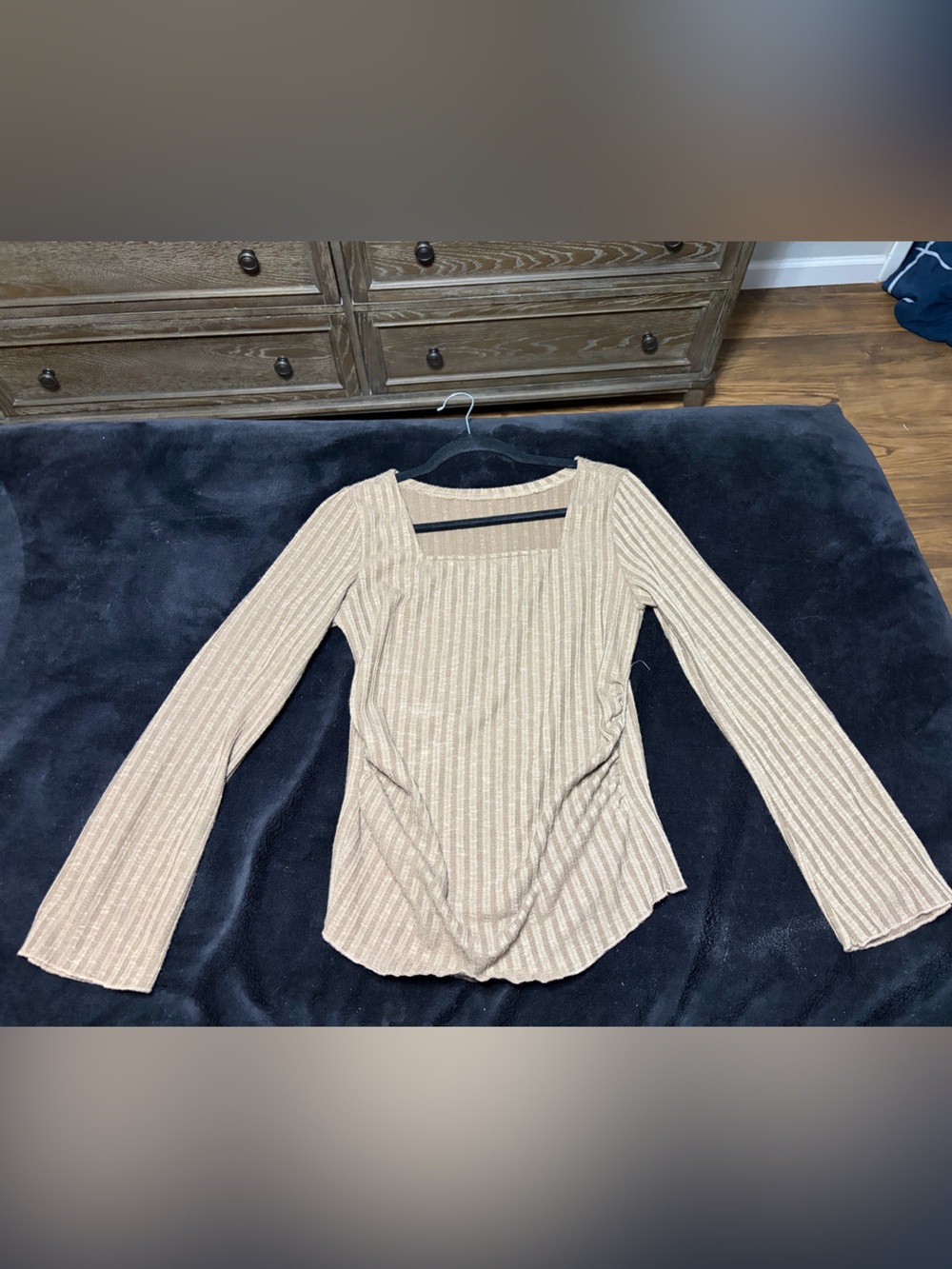 Ribbed Square Neck Long Sleeve Top - brown